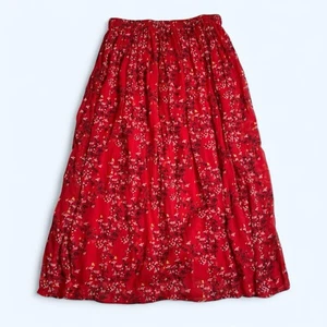 Indian Bright Red Floral A Line Maxi Cotton Skirt Size L Elastic Waist - Picture 1 of 5