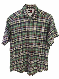 TOMMY HILFIGER Mens Cotton Shirt Size S Plaid Short Sleeve Button Front & Collar - Picture 1 of 9