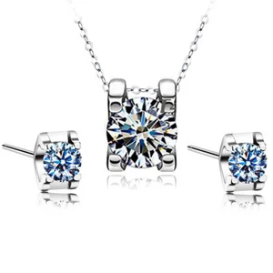 Women Jewelry Set CZ Crystal  Necklace Stud Earring Set 14k White Gold Plated  - Picture 1 of 9