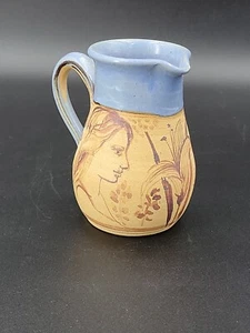 Dual Tone Natural with Blue Glaze Artistic Signed 5" Stoneware Pottery Pitcher - Picture 1 of 8