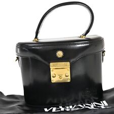GIANNI VERSACE Logo Sun Vanity Hand Bag Leather Black Gold-Plated 33FA237