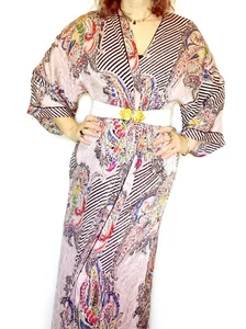 Vintage Silky Kimono Dressing Gown Pink Black Stripe Paisley M L Pattern Print - Picture 1 of 11