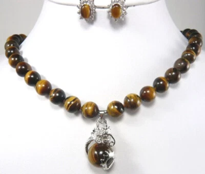 Genuine Yellow Tigereye Tiger's Eye 18KGP Dragon Pendant Necklace Earrings Set - Image 1 of 3