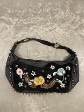 Francesco Biasia Black Leather Suede Hand painted Floral Shoulder Handbag