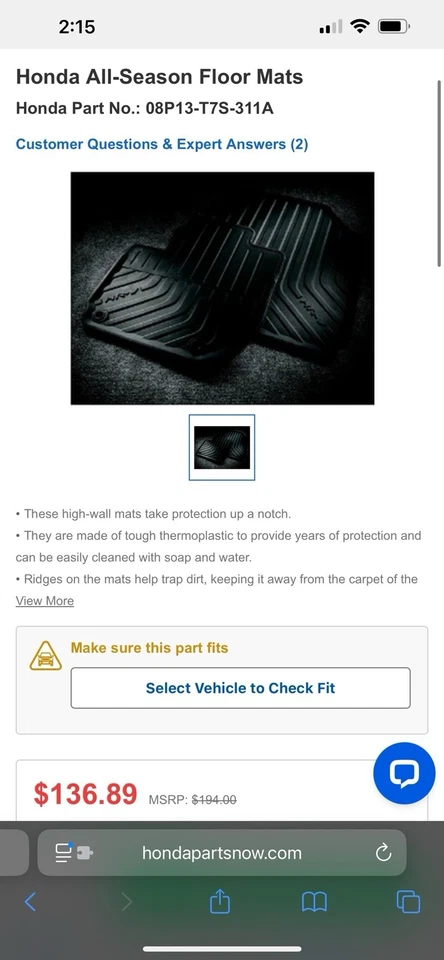 Tapetes de assoalho Honda HRV 2018-22, parede alta para todas as estações, 08P13-T7S311A fabricante de equipamento original novos na caixa - Imagem 1 de 4