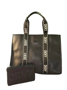 DKNY Cassie Large Faux Leather Tote Black & White 16x12x5.5" & Wallet 8x5x1" EUC - Picture 1 of 20
