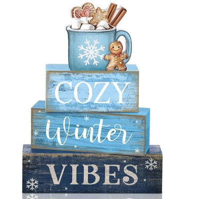 4 Pcs Christmas Table Decoration Wooden Hot Cocoa Decor Winter Tiered Tray Decor - Image 1 of 4