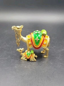 Desert Camel & Baby Jeweled Trinket Box, Red Green Yellow Enamel W/ Rhinestones - Picture 1 of 8