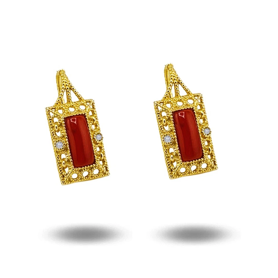 Orecchini pendenti Rettangolare in Corallo Rosso Naturale e Zirconi Argento 925 - Immagine 1 di 4