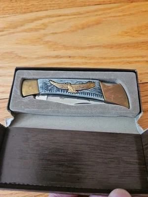 "Cuchillo de hoja de bloqueo plegable de bolsillo Japón latón acero inoxidable águila calva de colección 7,5""" Foto 1 de 4