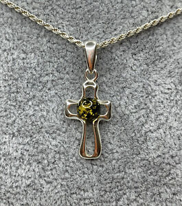 Genuine AMBER CROSS Pendant with Sterling Silver.Greenish Color Amber Pendant.