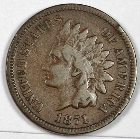 1871 Indian Head Cent.  About Fine.   180264 Cover