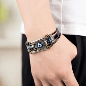 Evil Eye Türkische Armbänder für Herren Metall Druckknopf Schmuck Lederarmband - Bild 1 von 13