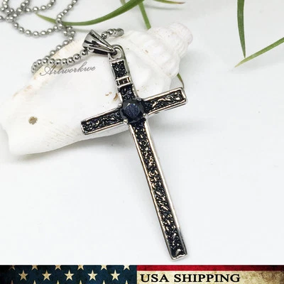 New Men's Black CZ Stainless Steel Silver Black Cross Pendant Necklace Chain  - Image 1 of 4