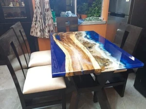 Blue Epoxy Resin Center Sofa & Dining Table Acacia Wooden Interior Furniture Dec - Picture 1 of 8