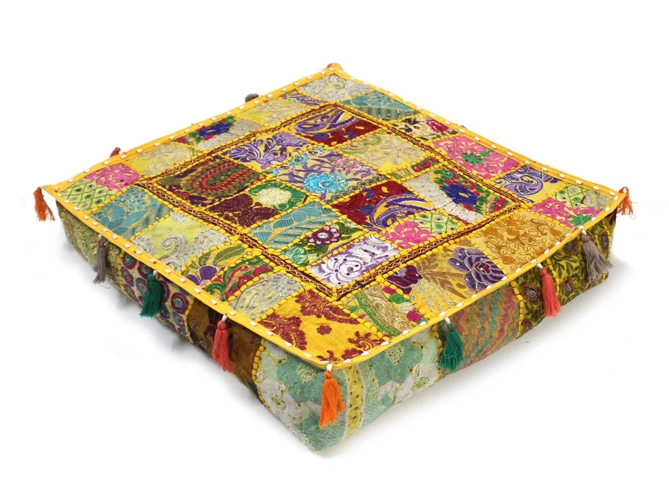 Yellow Patchwork Square Floor Pillow Bohemian Decorative Pillow Vintage Cover AU - Image 1 of 4