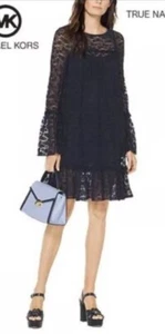 Michael Kors Long Sleeve Lace Dress Dark Blue True Navy Petite P PXS NWT $125 - Picture 1 of 11
