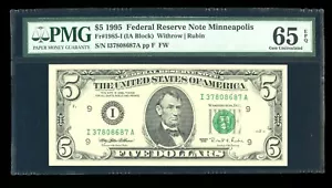 DBR 1995 $5 FRN Scarce Minneapolis Gem Fr. 1985-I PMG 65 EPQ Serial I37808687A - Picture 1 of 2