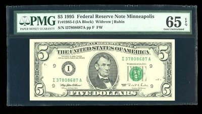 DBR 1995 $5 FRN Scarce Minneapolis Gem Fr. 1985-I PMG 65 EPQ Serial I37808687A - Image 1 of 2