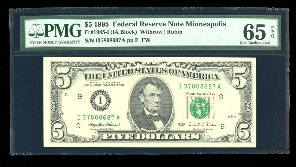 DBR 1995 $5 FRN Scarce Minneapolis Gem Fr. 1985-I PMG 65 EPQ Serial I37808687A - Image 1 of 2