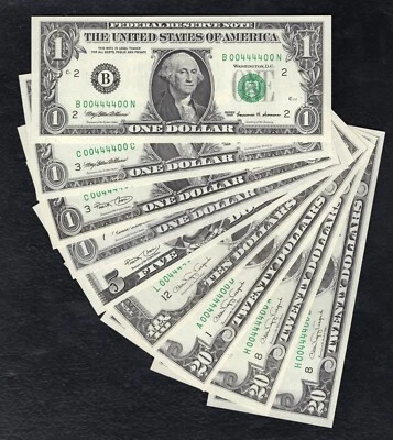 LOT OF (9) 1969-2003 $1,$5,$10,$20 FRN’S MATCHING BINARY RADAR SERIAL # GEM UNC - Image 1 of 2