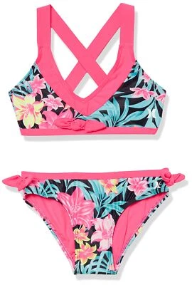Conjunto de biquíni Hurley 298387 meninas 2 peças maiô, rosa/preto floral, médio EUA - Imagem 1 de 4