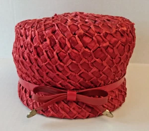 VTG Red Women's Rattan Woven Ribbon Pillbox Hat w/ Brim & Belt Like Plastic Bow - Picture 1 of 5