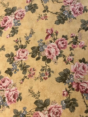 1 1/2 Yd  Moda Gold Green Reds Pink Bed Of Roses By Robyn Pandolph 42" Wide - Image 1 of 4