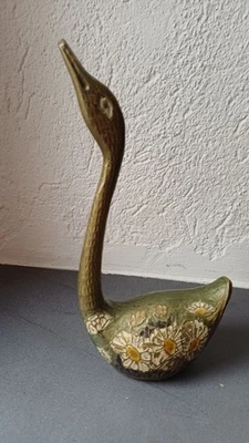 Cygne en laiton vintage, parties peintes aspect cloisonné - Photo 1/4