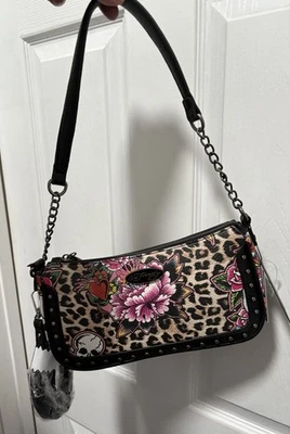 Nuevo con etiquetas Cartera Ed Hardy Tachonada Hombro/Hombro - Calavera, Corazones Estampado Leopardo Foto 1 de 4