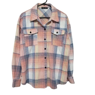 Xadrez de flanela EFAN Shacket botão rosa azul amarelo branco tamanho médio - Imagem 1 de 4