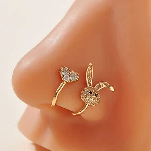 2pcs Versatile CZ Heart & Rabbit Decorative Non-Piercing Women Nose Cuff Ring - Picture 1 of 9