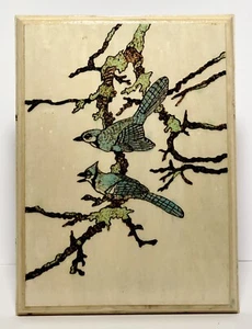VTG Folk Art Pyrography Two Blue Jay’s on Branch Artisan Signed Wood Plaque 12x9 - Picture 1 of 6