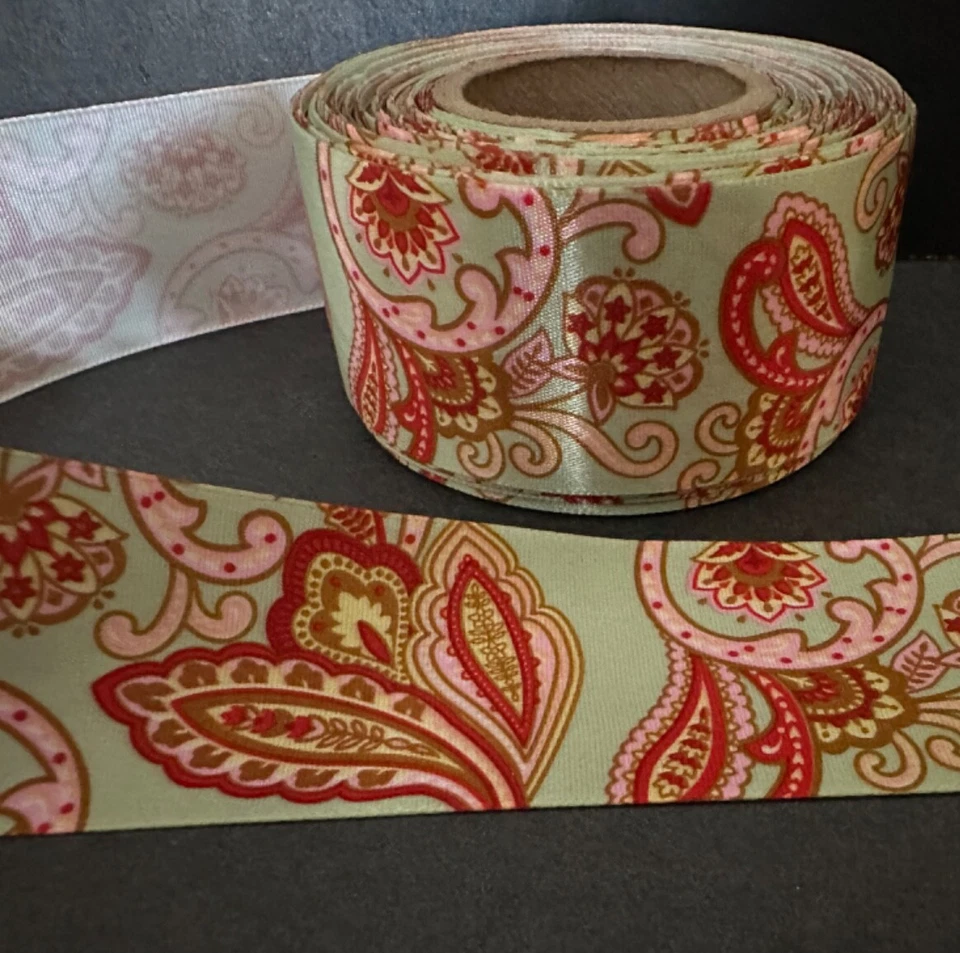 Satin Ribbon Pink and Green Paisley  1.5" wide 5 yards High QualityFree Shipping - Image 1 of 1