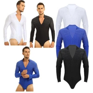 Mens Shiny Rhinestones V-neck T Shirt Bodysuit Long Sleeve Latin Dance Leotard - Picture 1 of 43