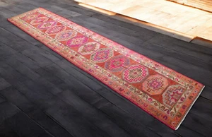 3x13 Runner Turkish Rug Hand Made Extra Long Hallway Rug Kitchen Decor Rug PINK - Picture 1 of 12
