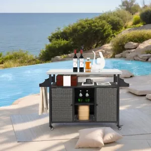 Large Bar Cart Outdoor Kitchen Wicker Island Rolling Cart & Storage Cabinet - Picture 1 of 11