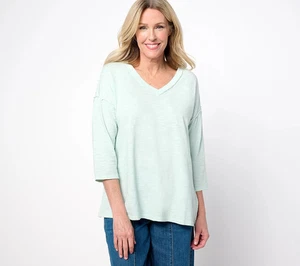 LOGO by Lori Goldstein 100% Cotton Slub V-Neck 3/4 Sleeve Top Light Blue XL - Picture 1 of 2