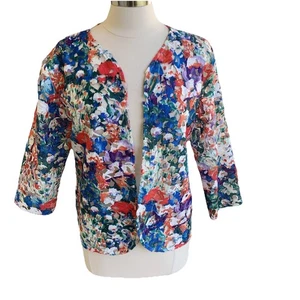 Weavz Open Weave Topper Jacket XL Linen Watercolor Floral Blazer Artsy Fairy - Picture 1 of 8