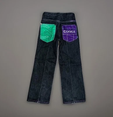 Jeans Y2K Coogi masculino preto jeans bordado bolso folgado tamanho 10 hip hop skatista - Imagem 1 de 4