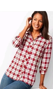 Talbots Flannel Shimmer Button Up Blouse Red White Gold Plaid Cozy Cabin Med - Picture 1 of 7