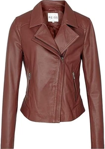 Reiss Womens Palermo-Stitched Leather Moto Jacket Brown Brick Size XS EUC - Picture 1 of 11