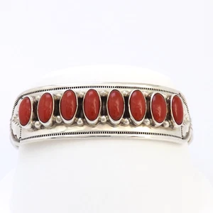 Running Bear Sterling Silver Coral Fan Cuff Bangle Bracelet Navajo - Picture 1 of 7