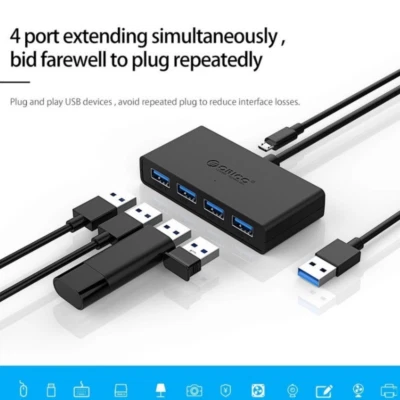 ORICO USB 3.0 Hub 4 Ports Micro USB 5V Connector Fast Speed 5Gbps Black 100cm x1 - Image 1 of 4