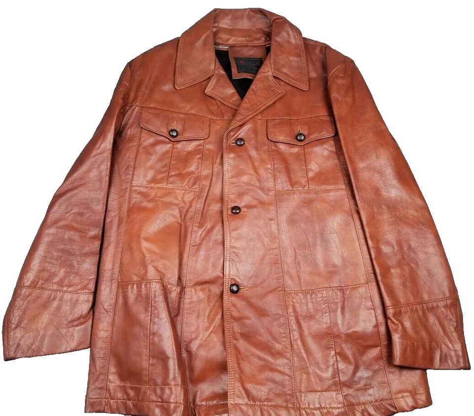 Chaqueta De Colección Reed Ropa Deportiva Para Hombre Marrón Carmelo 100% Cuero Abrigo 44 L Años 70 Abrigo Foto 1 de 4