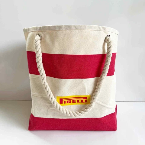 PIRELLI | Cotton Canvas Logo Striped Beach Vacation F1 Racing Tote Rope Handles Cover