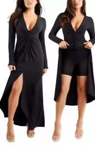 Popilush Damen Langarm V-Ausschnitt Maxikleid integrierte Shapewear gerippt schwarz XL - Bild 1 von 20