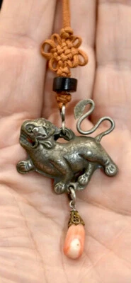 Original Ching Period Antique Chinese Foo Dog Charm / Jewelry w/ Coral Adornment - Image 1 of 4