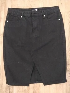 Boohoo Skirt Black Size 8 Knee Length Waist 29" Denim Style Front Slit - Picture 1 of 5