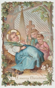 Tarjeta de Navidad victoriana troquelada en relieve de Jesús litografía ángeles religiosos - Imagen 1 de 3